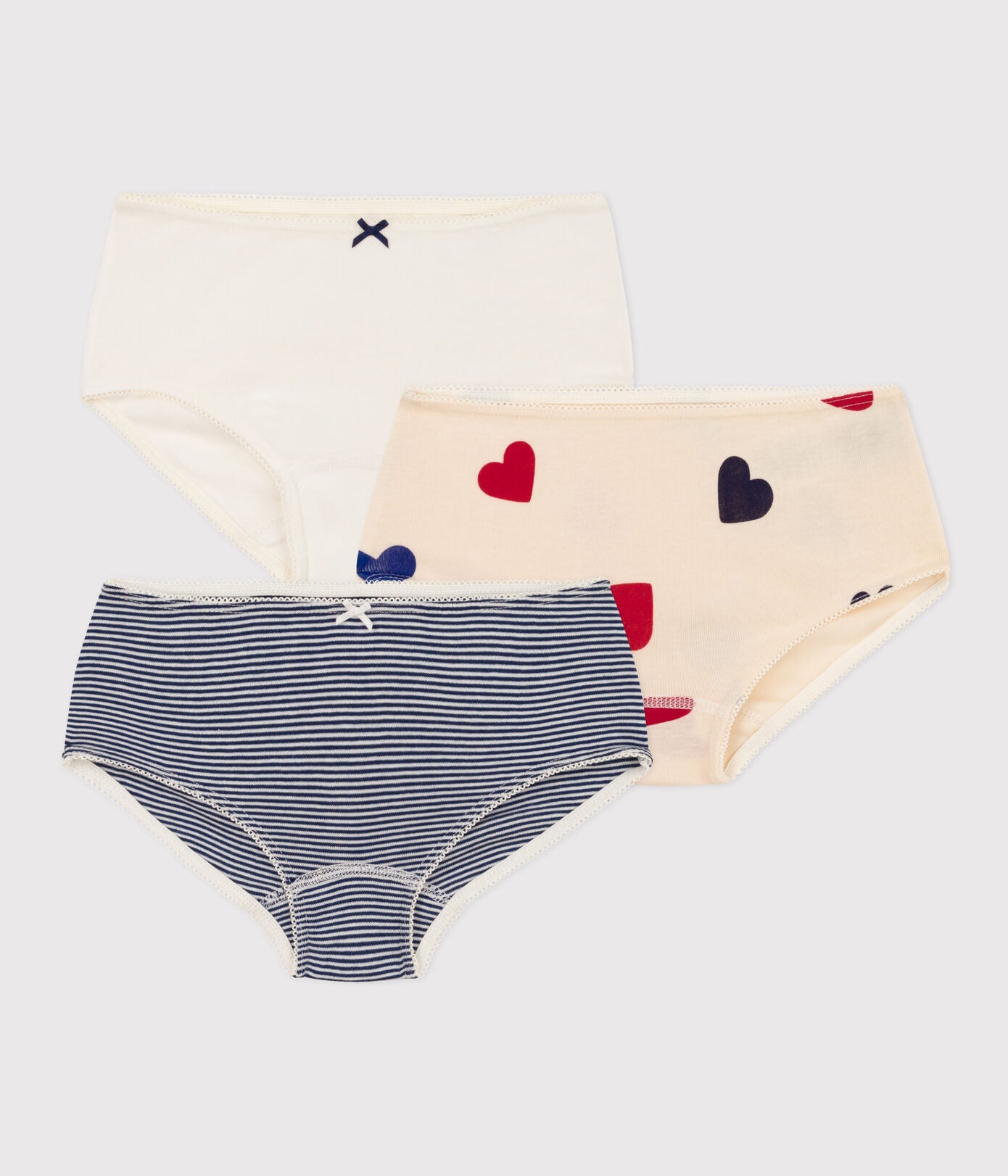 Girls' Tri-Heart Patterned Cotton Hipsters - 3-Pack | boxer | Boxer Shorts | boxers | cotton | COTTON BOXER SHORTS | HEARTS | petit bateau | petitbateau | underwear