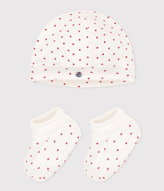 Babies' Heart Patterned Bonnet And Bootees Set | accessories | baby boy | baby girl | Bonnet | Bootees Set | Heart Patterned | petit bateau | petitbateau | Unisex