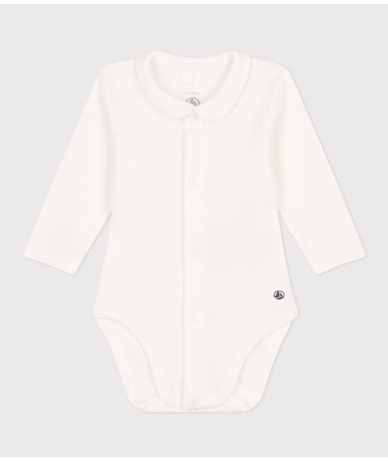 Babies' Long-Sleeved Cotton Bodysuit With Collar | baby boy | baby girl | bodysuit | bodysuits | cotton | COTTON BODYSUITS | daywear | petit bateau | petitbateau | Unisex | white | white shirts' | WINTER