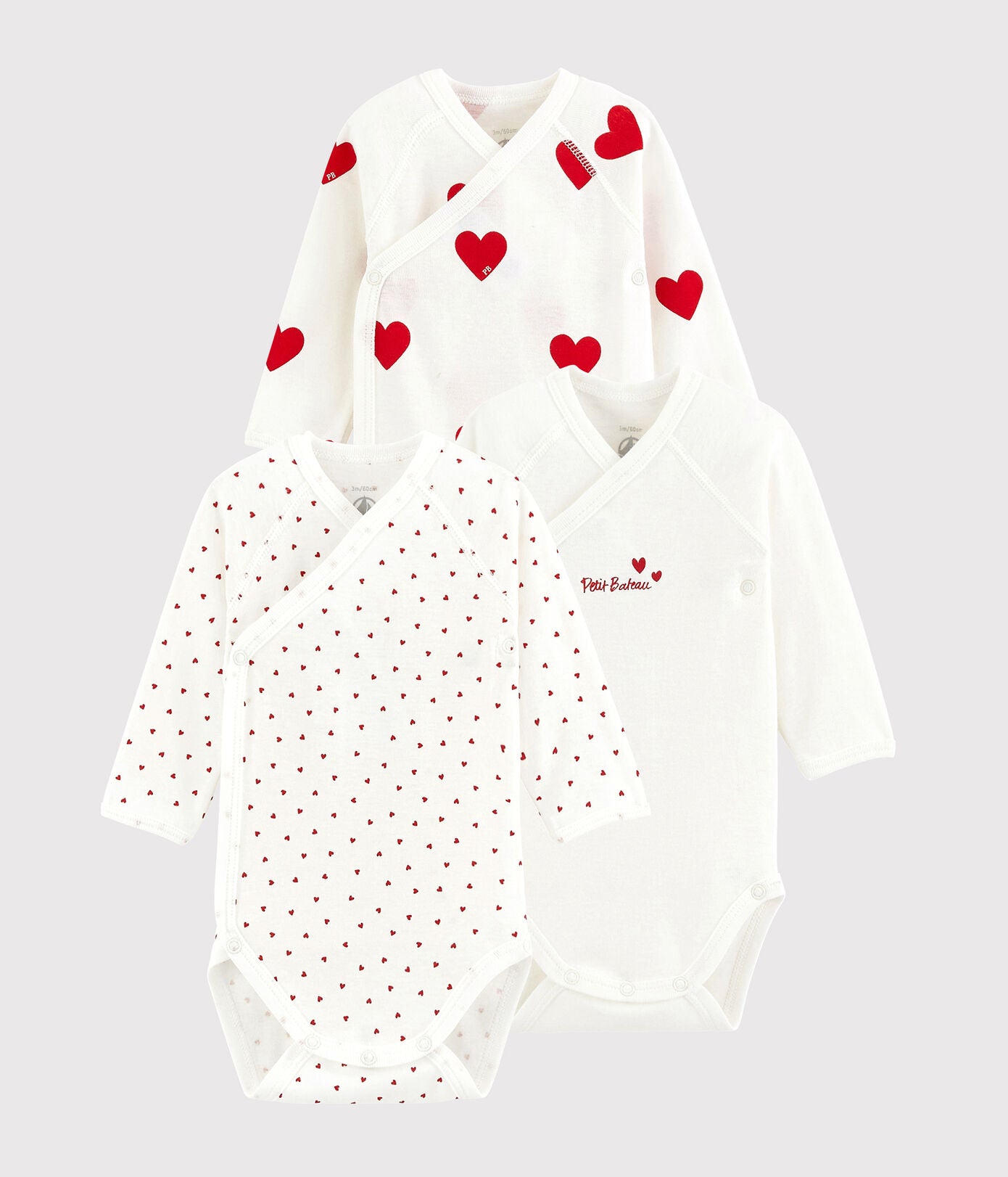 Babies' Long-Sleeved Wrapover Red Hearts Organic Cotton Bodysuit - 3-Pack | petit bateau | petitbateau | RED HEARTS ORGANIC COTTON BODYSUITS