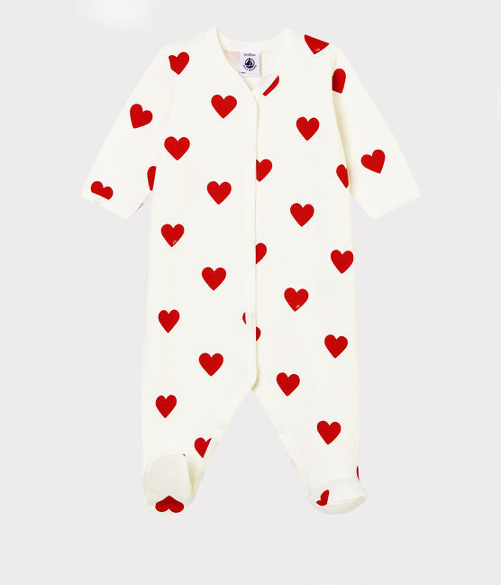 Babies' Red Heart Pattern Organic Cotton Fleece Sleepsuit | baby boy | baby girl | Cotton Fleece Sleepsuit | petit bateau | petitbateau | Red Heart Pattern | Unisex