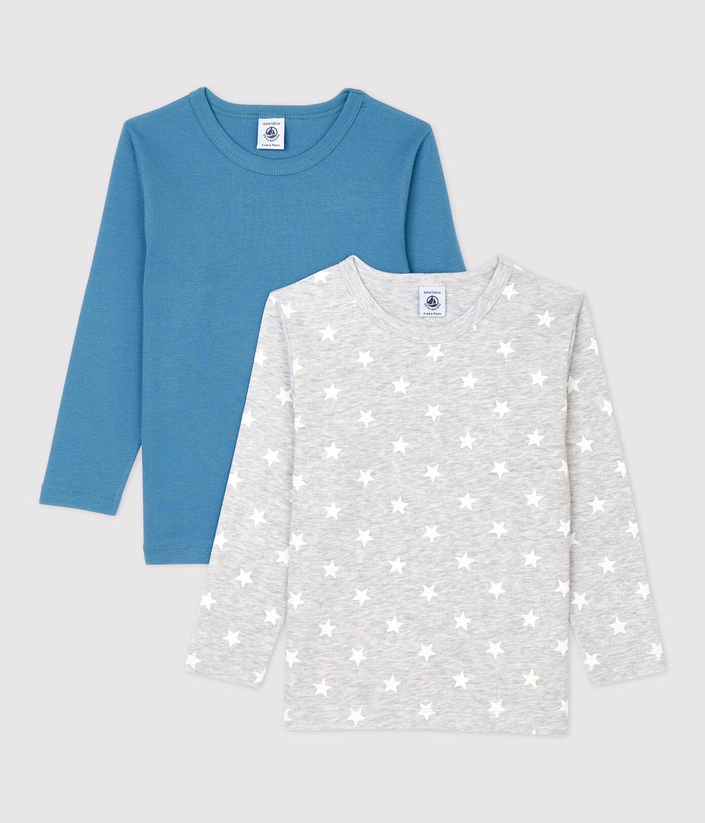 Boys' Star Print Long-Sleeved Cotton T-Shirts - 2-Pack | boys | cotton | petit bateau | petitbateau | undershirts