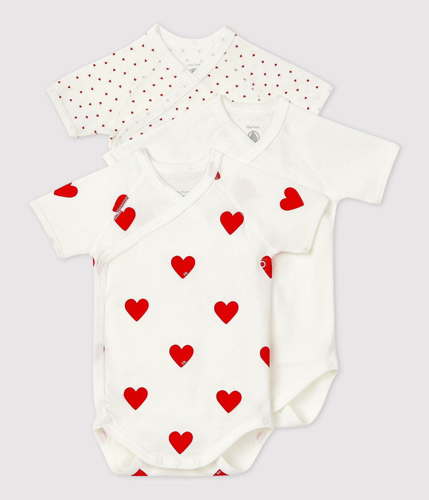 Babies' Heart Patterned Wrapover Short-Sleeved Cotton Bodysuits - 3-Pack | 100% Cotton | baby girl | baby girls | cotton | hearts | Organic Cotton | petit bateau | petitbateau