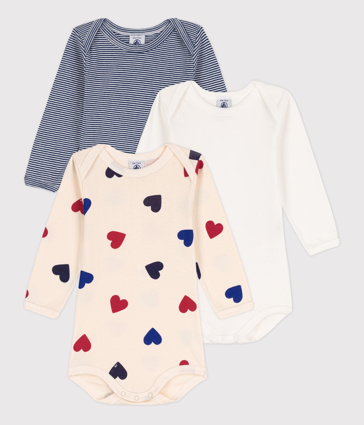 Babies' Heart Patterned Long-Sleeved Cotton Bodysuit - 3-Pack | baby girl | baby girl body suits | baby girls | cotton | petit bateau | petitbateau