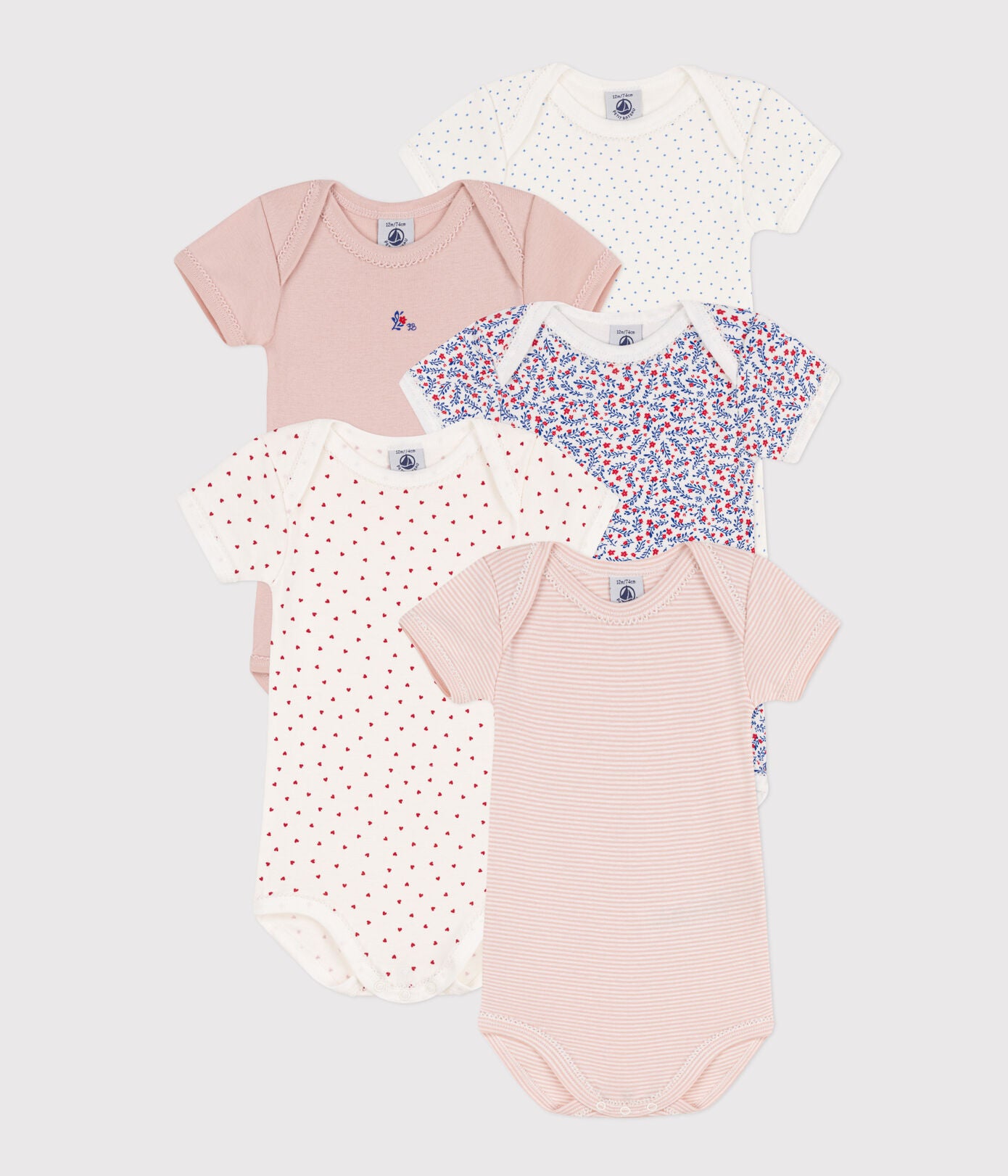 Short-Sleeved Floral Cotton Bodysuits- 5-Pack | baby girl | cotton | girls | petit bateau | petitbateau | undershirt | undershirts | underwear