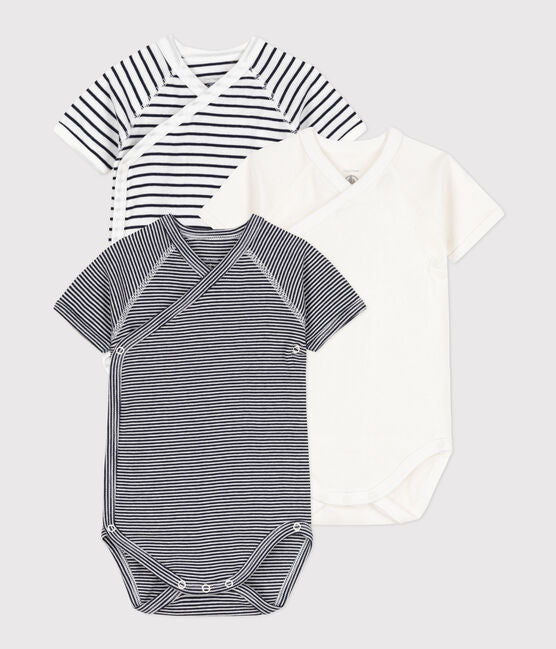 Pack Of 3 Short-Sleeved Wrapover Baby Bodysuits In Stripy Cotton | baby boy | petit bateau | petitbateau